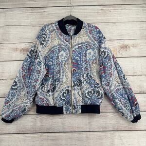 Free People Quilt Lined Floral Full Zip Jacket Womens Large Blue White Beige